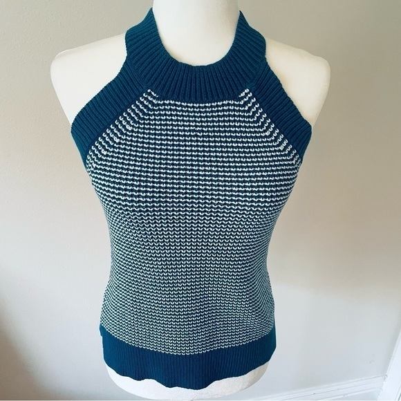 💙 LOFT Teal & White Halter Sweater Tank – Sleeveless, Size XS - Picture 3 of 11